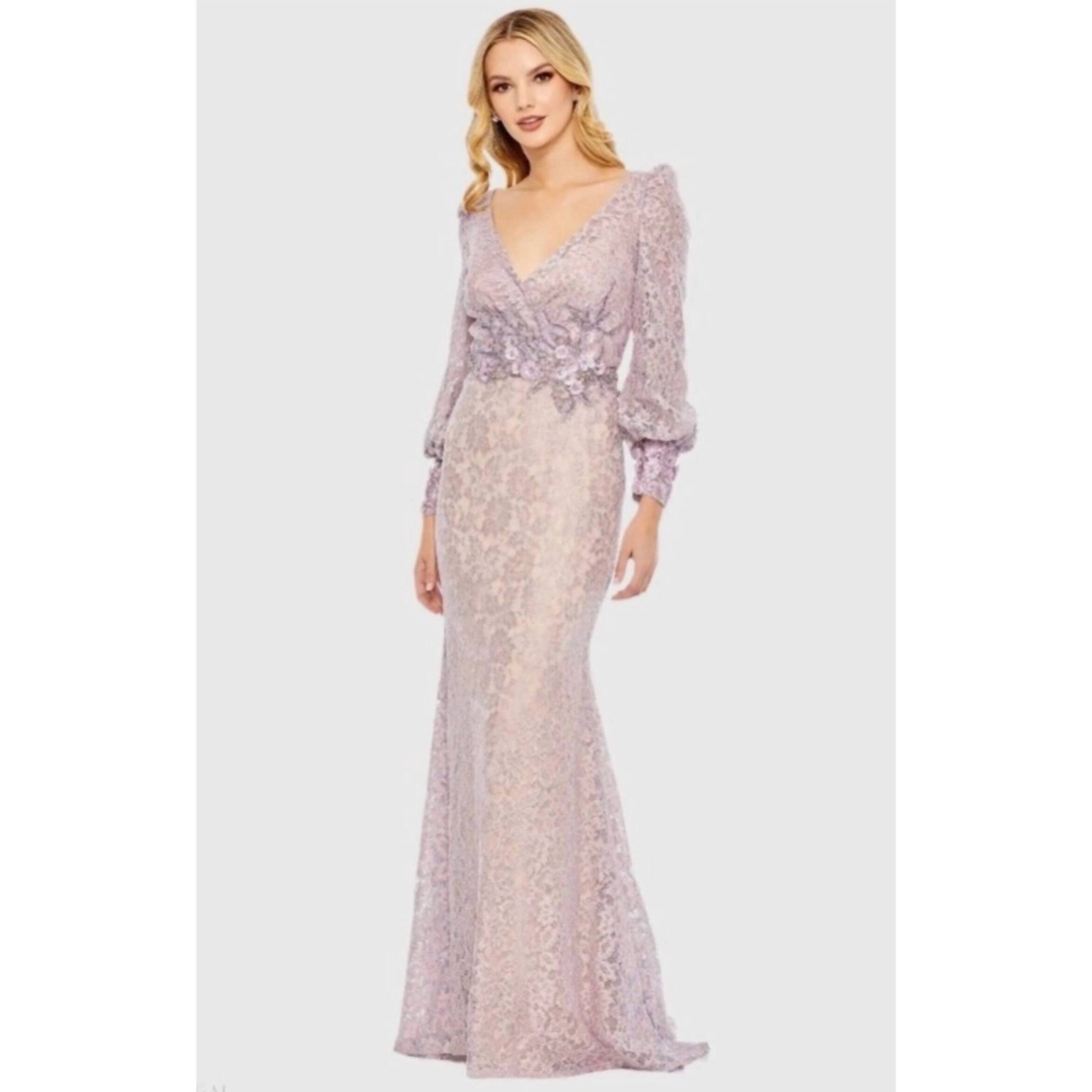 New Mac Duggal Lace Long Sleeve V Neck Embellished Gown In Lilacvintage Lilac